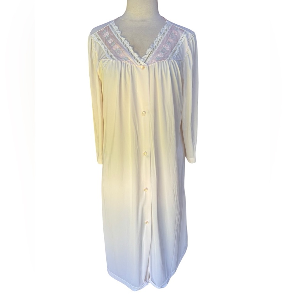 1970s Shadowline Floral Embroidered & Embroidered Lace Trim Button Down Nylon